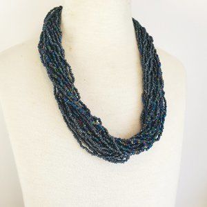 Vintage Miyuki dark iridescent seed bead necklace chunky multiple strands blue